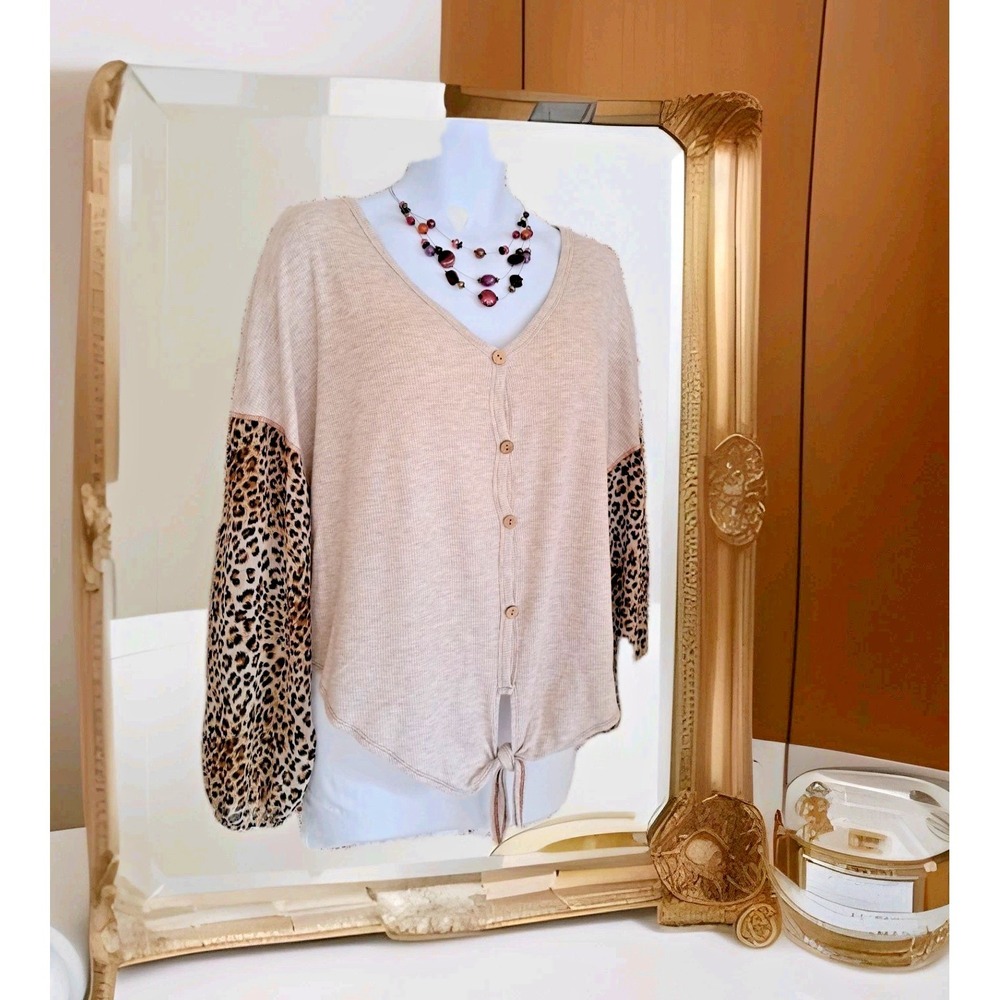 Botanique Popover Top‎ XL Tan Waffle Knit Sheer Leopard Drop Shoulder Sleeve Tie